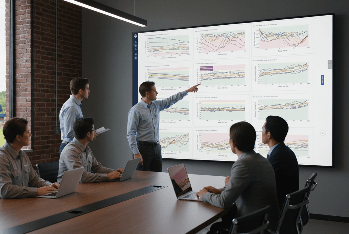 วิศวกรทำงานร่วมกันบนข้อมูลจำลองระบบสูบน้ำมันแบบก้านสูบในห้องประชุมสมัยใหม่
