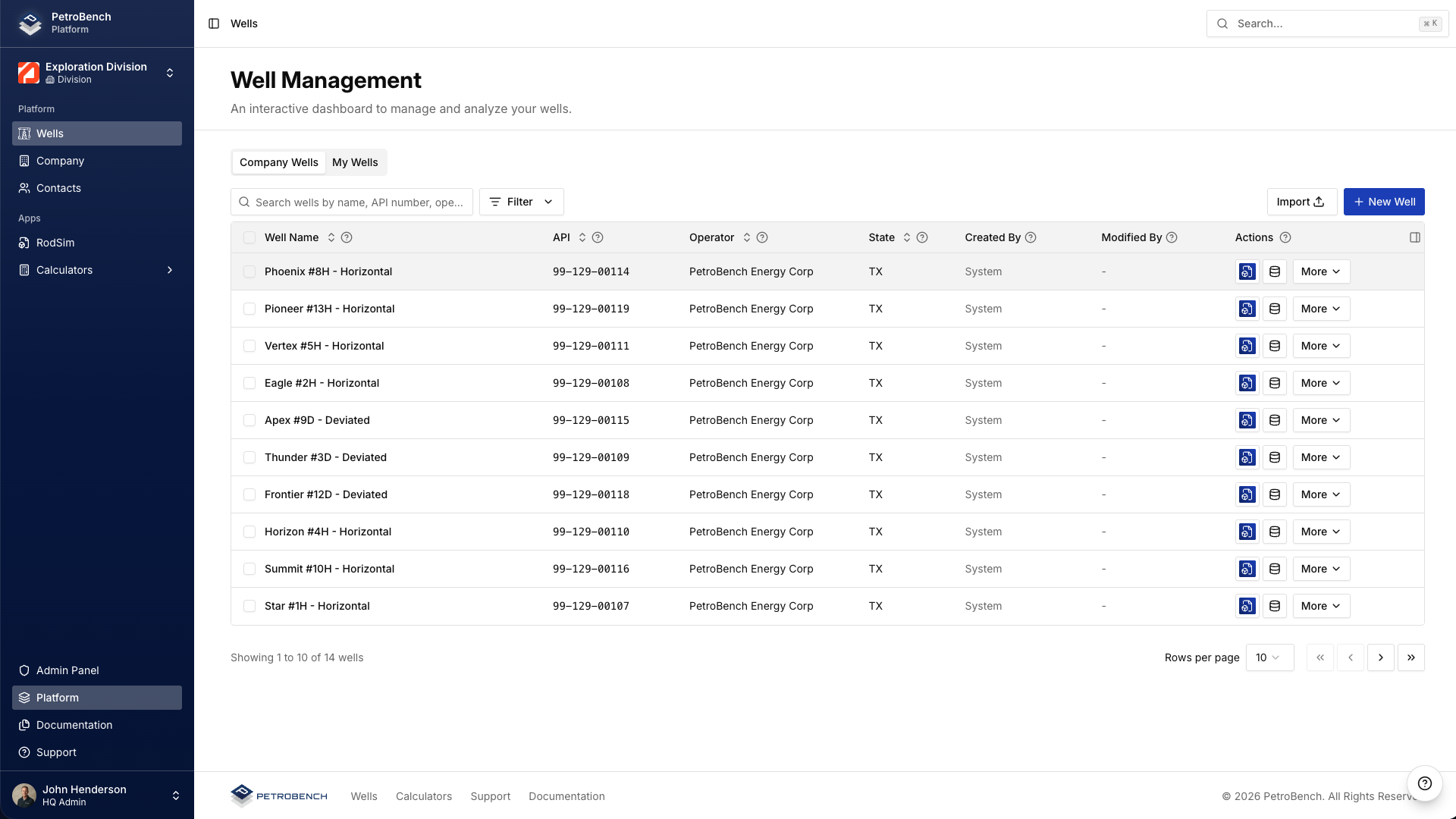 Well management interface with search and filtering